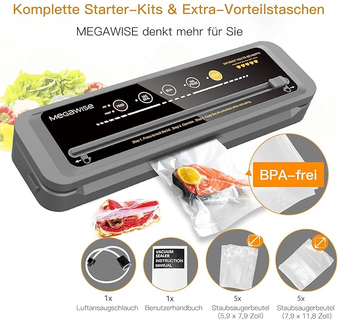 MegaWise Food Vacuum Sealer Machine – High-Power 80kPa Suction, One-Touch Operation, Built-in Cutter – Works with All Food Types, Includes Bags & Hose (Black), Keeps Food Fresh 5x Longer