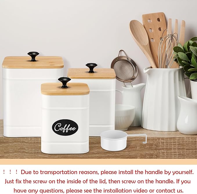 Tioncy Kitchen Canisters for Countertop Set of 3 Metal Canisters Sets with Bamboo Lids Spoon Airtight High Capacity Coffee Tea Sugar Flour Jars with DIY Labels Farmhouse Food Storage (White)