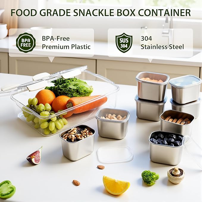 Snackle Box Container, Stainless Steel Divided Serving Tray with Lid and Handle, 8 Compartment Portable Snack Platters - Clear Storage Organizer for Fruit Candy Nuts Veggie - Perfect for Travel Party