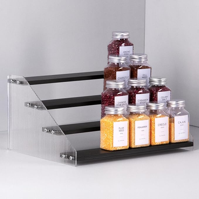 nianfeng Tiered Spice Rack, 4-Tier Spice Pantry Kitchen Cabinet Organizer, 12-Inch, Natural Wood Acrylic Stair Riser Stand, Countertop Seasoning Shelf (Black)