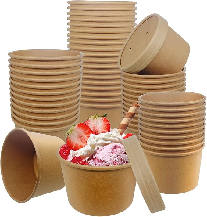 Belinlen 50 SET 8OZ Kraft Paper Soup Cups with Lids Compostable Paper Food Cup with Vented Lid, Disposable Ice Cream Cup, Great For Restaurants, Take Outs, or To-Go Lunch