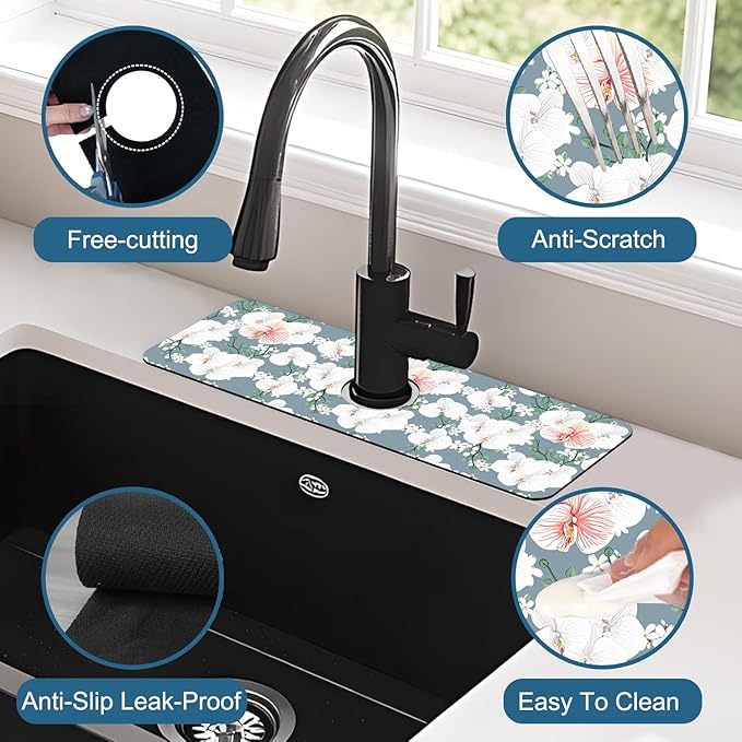 Colorful Wildflowers Kitchen Sink Splash Guard Faucet Mat White Orchid Super Absorbent Fast Drying Mat Sink Splash Guard Behind Faucet for Kitchen Bathroom, 15.5"x5.5"