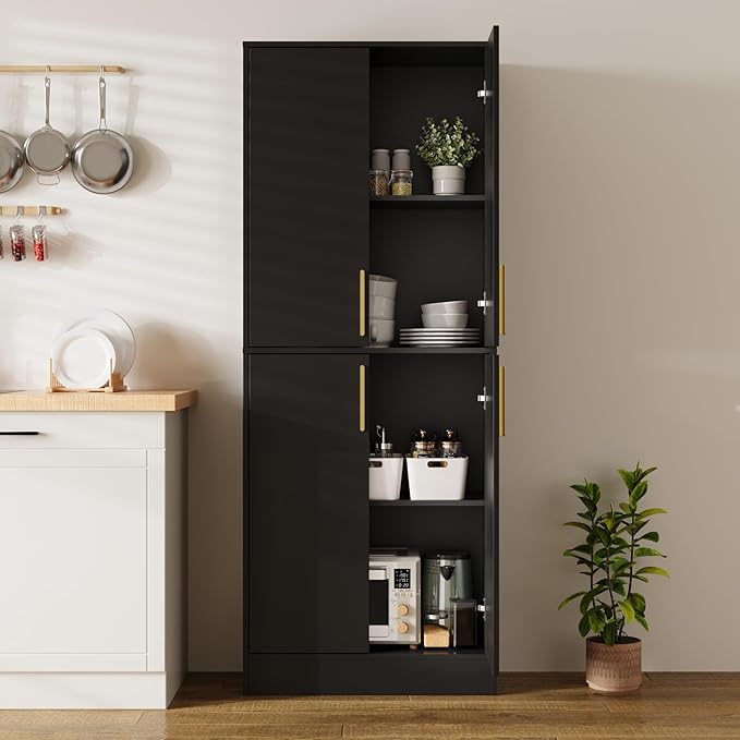 Housoul 71" Tall Pantry Cabinet, 4 Doors Kitchen Pantry Storage Cabinet, Freestanding Larder Cupboard, Kitchen Hutch with Gold Handles for Dining Room, Bathroom, Black