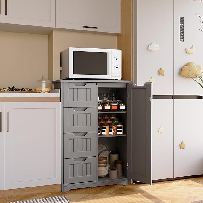 Gizoon Small Kitchen Pantry with Door and Shelves, 33'' Pantry Cabinet Freestanding Wooden Bathroom Storage Cabinet with 4 Drawers for Kitchen and Dining Room, Gray