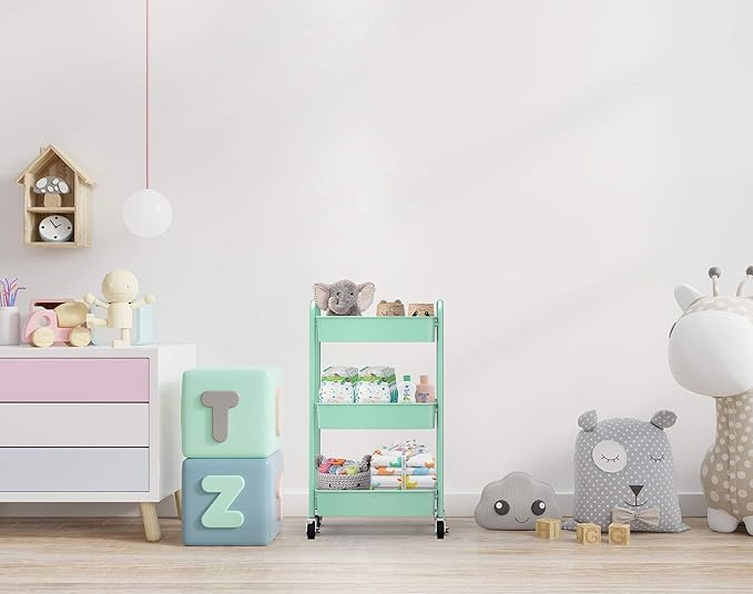 CAXXA 3-Tier Rolling Metal Storage Organizer - Mobile Utility Cart, Kitchen Cart with Caster Wheels (Aqua Green)