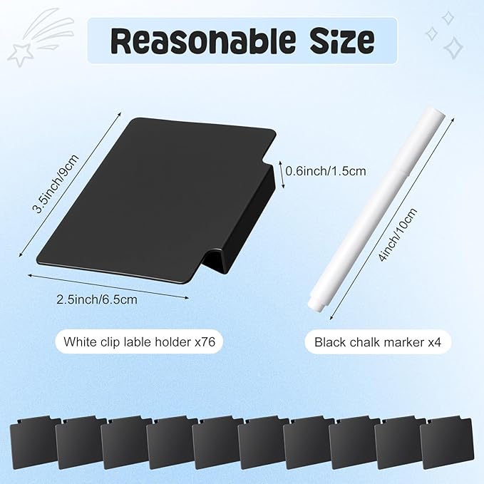 Chinco 80 Pcs Basket Label Clips Set Include 76 Removable Kitchen Clip Label Holder PVC Storage Bin with 4 Chalk Markers for Basket Kitchen Pantry Organization (Black Clip, White Pen)