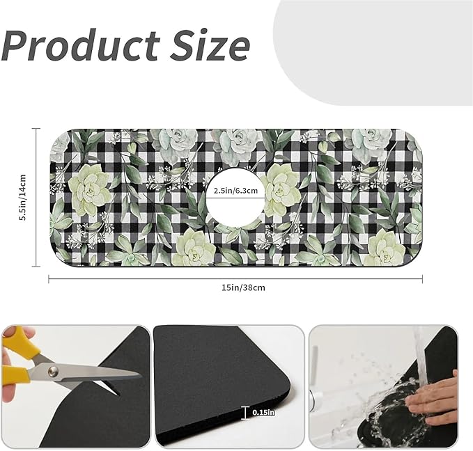 Kitchen Sink Splash Guard，succulents and checkered Faucet Mat Sink Gadgets-Super Absorbent Fast Drying Mat Drip Catcher for Kitchen, Bathroom,Sink Mat, Dish Drying Mat, Bathroom(15" X 5.5" )