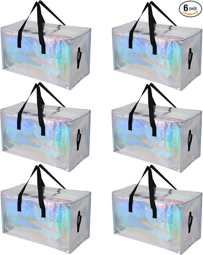6 Pack Moving Bags Heavy Duty, Extra Large Moving Bags, Moving Supplies, Storage Bags with Handles and Zippers, Waterproof Totes for Storage Saving Packaging Shipping and Travel(Laser Silver)