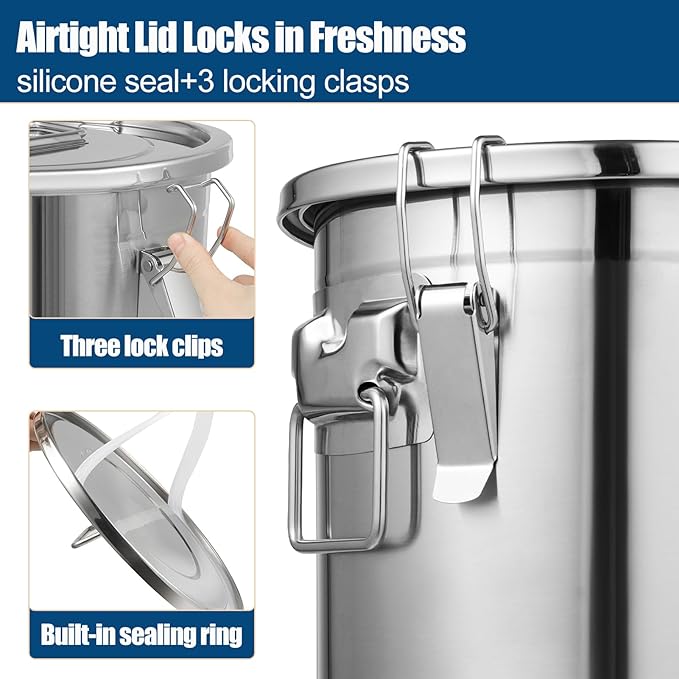 8.72Gal/33L Stainless Steel Airtight Canister, 304 Stainless Steel Airtight Food Storage Container with Lid and Lock Clips, Large Metal Storage Canister for Coffee Beans, Flour, Tea, Sugar, Cereals
