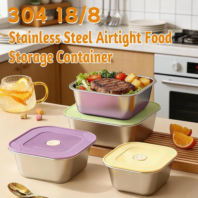 4-Piece Stainless Steel Snack & Lunch Box with Lids Set (Size 4.5", 5.5", 6.3", 7"), Stackable Metal Food Storage Containers, Airtight Leakproof Lunch Containers, Dishwasher Safe Bento Box