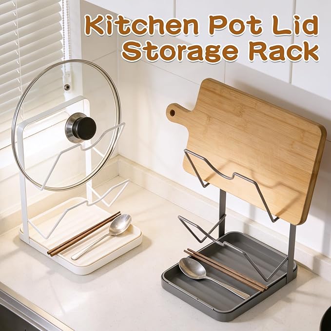 Kitchen Pot Lid Storage Rack, Pot Lid Holder With Tray, Lid Holder While Cooking, Lid And Spoon Rest, Multifunctional Kitchen Organizer Stand (Black)