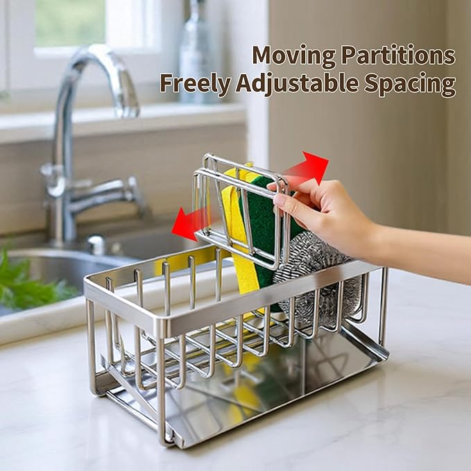Sink Caddy Sponge Holder for Kitchen, 18/8 Stainless Steel Self Drain Tray, Soap holder with Divider(Silver)