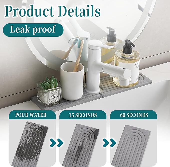 Stone Faucet Mat for Kitchen Sink, kitchen sink splash guard for Bathroom Counter,15.7 Inch Light Grey Diatomite water-Absorbing Drying Stone Mat, Sink faucet Stone Tray Protector