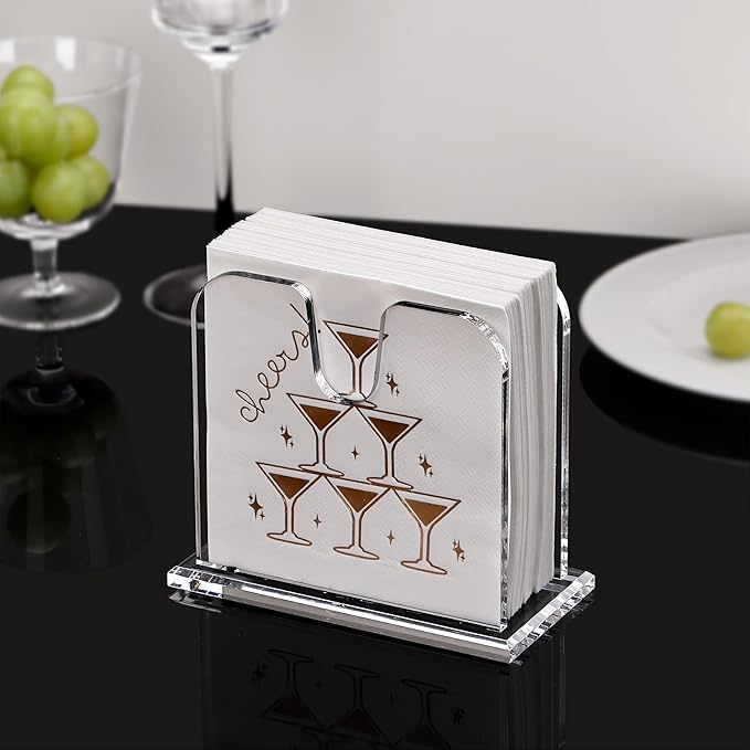 DINGHUO Acrylic Cocktail Napkin Holder for Table, (5" x 5") Clear Beverage Napkin Dispenser with 8mm Thickened base, Large Capacity Napkin Box for Kitchen, Restaurant, Bar, Dinner, Home Decor