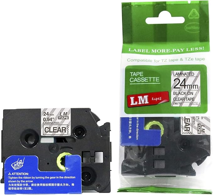 6/Pack LM Tapes - LMe-151 Premium 1" Black Print on Clear Label Compatible with Brother TZe-151 P-Touch and Includes Tape Color/Size Guide. Replaces TZ151 24mm 0.94 Laminated