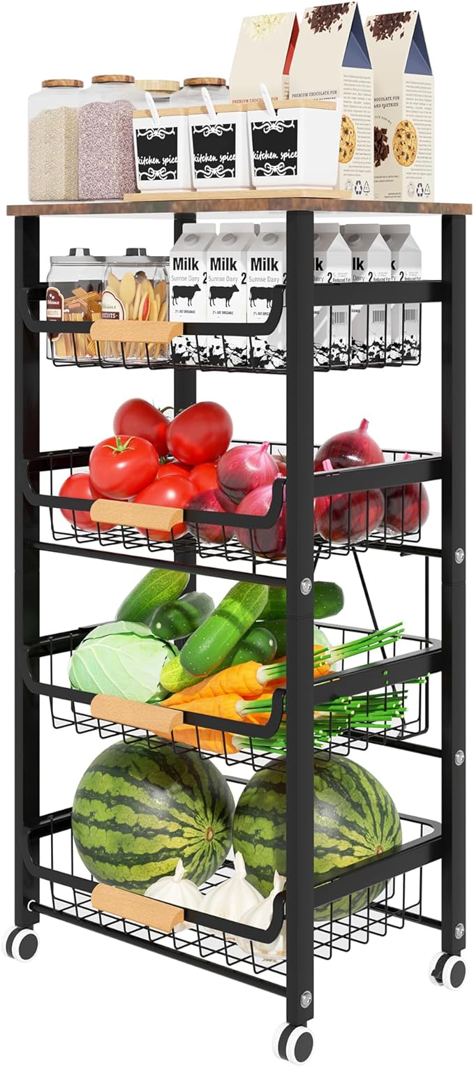 Fruit Vegetable Basket for Kitchen,5 Tier Pantry Organizer with Wheels,Snack cart with Wood Top,Metal Wire Storage Basket Organizer Baskets for Kitchen, Pantry, Bathroom
