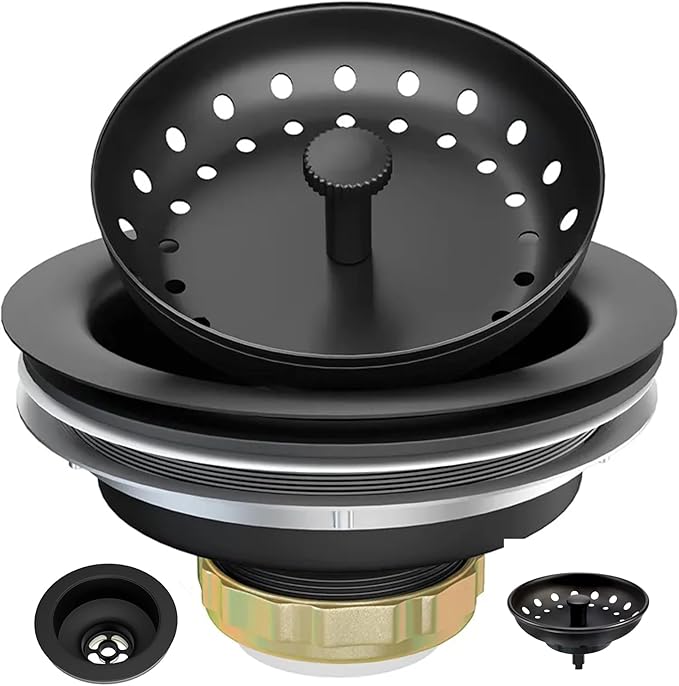3-1/2 Inch Matte Black Kitchen Sink Drain Kit - Complete Black Kitchen Drain Assembly - Black Stainless Steel Strainer Basket Included - Fits 3.5" Standard Kitchen Sink