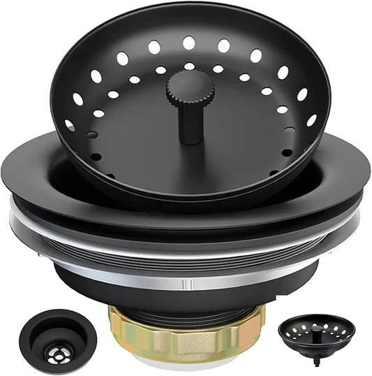 3-1/2 Inch Matte Black Kitchen Sink Drain Kit - Complete Black Kitchen Drain Assembly - Black Stainless Steel Strainer Basket Included - Fits 3.5" Standard Kitchen Sink