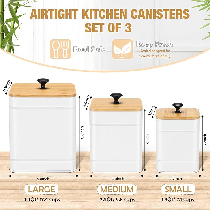 Tioncy Kitchen Canisters for Countertop Set of 3 Metal Canisters Sets with Bamboo Lids Spoon Airtight High Capacity Coffee Tea Sugar Flour Jars with DIY Labels Farmhouse Food Storage (White)