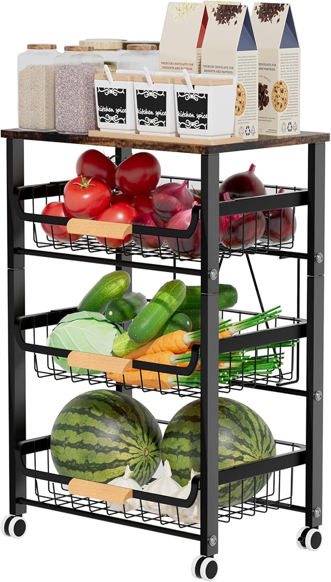 Fruit Vegetable Basket for Kitchen,4 Tier Pantry Organizer with Wheels,Snack cart with Wood Top,Metal Wire Storage Basket Organizer Baskets for Kitchen, Pantry, Bathroom
