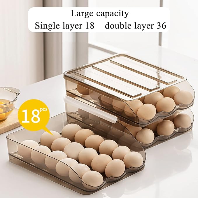 Egg Holder for Refrigerator Auto Scrolling Organizer Plastic Stackable Storage Container Reusable Clear Tray Box Basket Bin Lid Drawer Carrier Keeper(3 Layer)