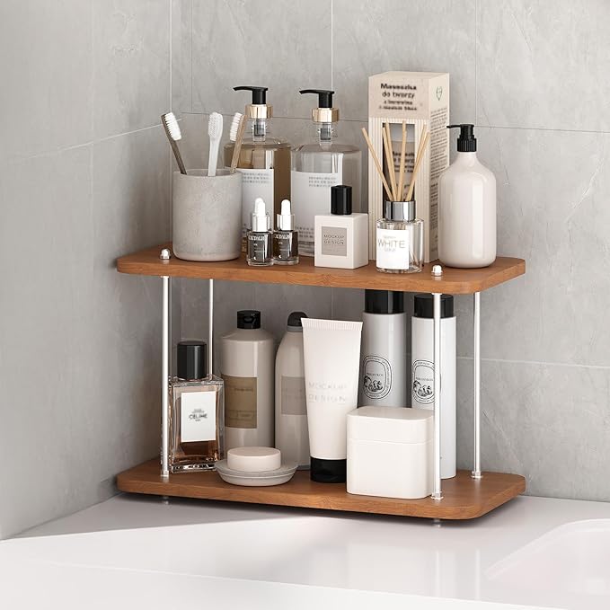 UJQSUN Bathroom Counter Organizer,Bathroom Shelf Organizers & Sink Organizer,Vanity Organizers,Storage Skincare,Makeup,Perfume,Spices,Coffee Station,for Corner,Dresser,Kitchen,Adjustable Height(2Tier)