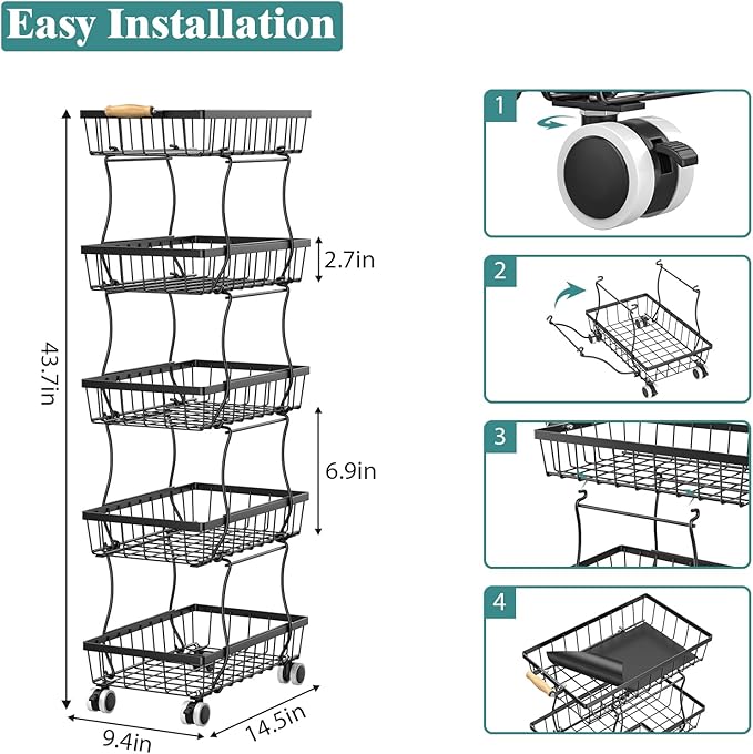 5 Tier Slim Fruit Basket for Kitchen, Stackable Wire Fruit Vegetable Storage Baskets Organizer Stand on Wheels, Metal Produce Basket Potato Onion Storage Bins Rack for Pantry, Black