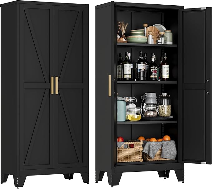 LCAOPC 61" Tall Metal Storage Cabinet with 2 Doors and 3 Adjustable Shelves, 4-Tier Kitchen Pantry Storage Cabinet for Kitchen, Living Room, Dining Room and Office, Black