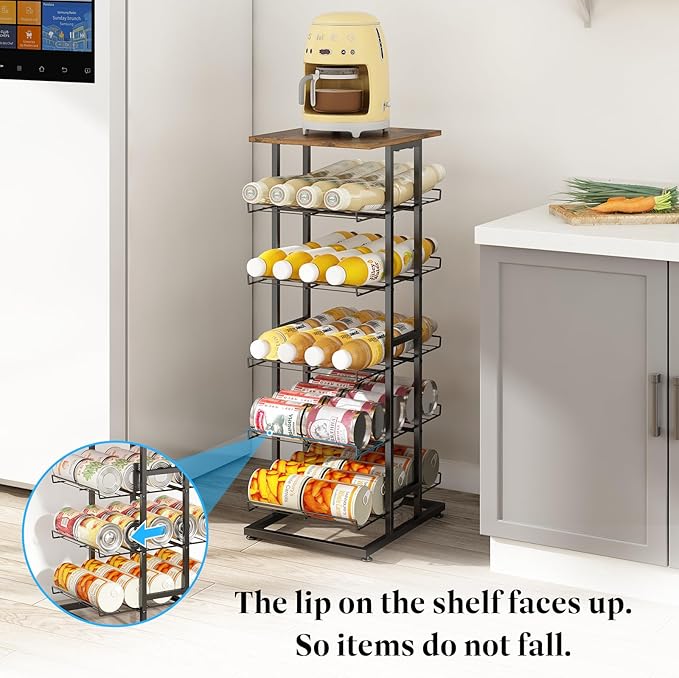 GILLAS 3 5 6 7 8 Tier Water Bottle Storage with Wooden Tabletop,Metal Beverage Can Rack,Large Capacity Bottled Rack Water Bottle Holder Stand for Cabinet,Countertop Kitchen,Party,Black