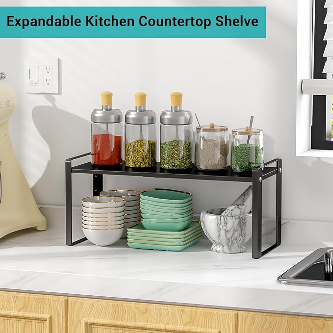 Astrorhine Expandable Cabinet Organizer Shelves, 88lbs High Weight Capacity, Heavy-Duty Metal Storage Rack, Adjustable Cabinet Shelf for Kitchen, Pantry, Cupboard, Under Sink, Black, Patent Pending