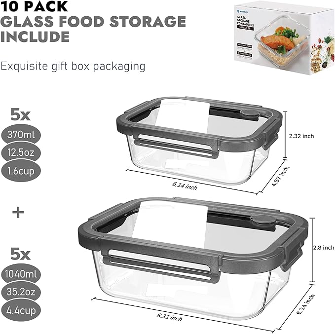 BOROHOUSE 10-Pack Glass Food Storage Containers with Tempered Lids – Borosilicate, Airtight, Oven-Safe (-4°F~950°F), BPA-Free, 4.4 & 1.6 Cup, Leak-Proof, Dishwasher Safe (Gray)