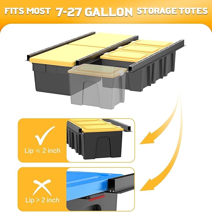 WALMANN Overhead Tote Storage Rail System, Garage Ceiling Bin Storage Rack Heavy Duty Adjustable Tote Slide Rails(Black, Bins not Included)