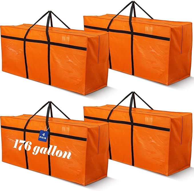 4 Pcs 176 Gallon Extra Large Moving Bags Heavy Duty Storage Bag with Strong Zipper Handle Foldable XXL Jumbo Storage Tote Packing Moving Box for College Dorm Travel Cloth Duffle (Orange)