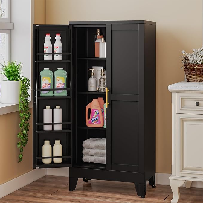 erosoei 51" H Metal Kitchen Pantry Storage Cabinet,Storage Cabinets with Doors and Adjustable Shelves,Freestanding Food Pantry Cabinet Cupboard for Living Room,Dinning Room (Black)