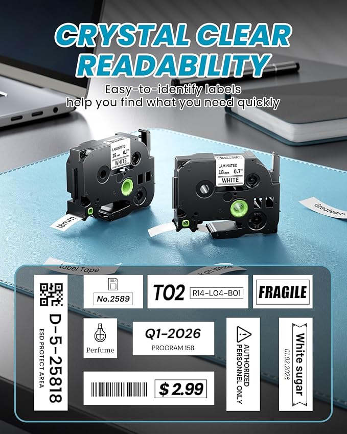 TZe-241 TZe241 Replacement for Brother P Touch Label Maker Tape 18mm TZe TZ Tape 18mm 0.7 Inch Laminated White, Compatible with PT-D410 PT-D400 PT-D460BT PT-D600 PT-D610BT PT-P700, 3/4 Inch, 4-Pack