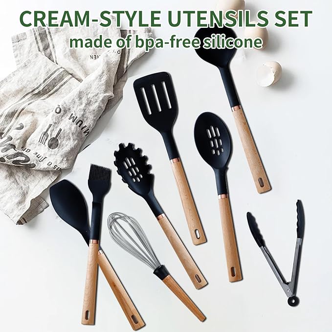 Jiufei Home Silicone Cooking Utensils Set, Kitchen Utensils Set 13 Pcs for cooking, BPA Free Spatula Set with Heat Resistant Wood Handles for Nonstick Cookware (Black)