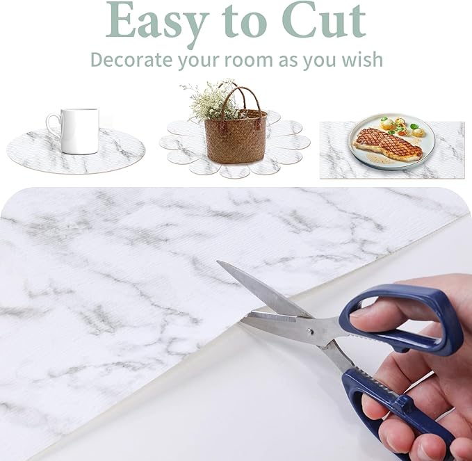 Drawer and Shelf Liner for Kitchen Cabinet: 17 in X 20 Ft Non Slip Waterproof Shelf Paper Non Adhesive Refrigerator Liners White Marble Easy Liners for Bathroom Cupboard with Knife Tape Measure
