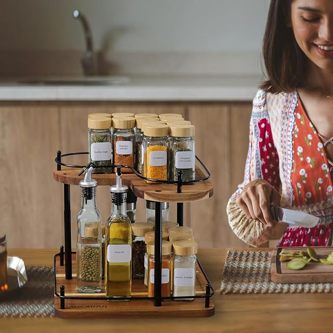 SAOCAIHUL Acacia Wooden Spice Rack Organizer Lazy Susans Rotating Countertop 2 Tiered Display Shelf Kitchen Adjustable Height Spinning Spice Rack 11.8INCH Large Capacity