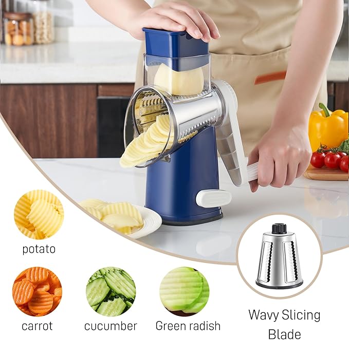 Weltonhm Rotary Cheese Grater with 4 Blades, Hand Crank Cheese Grater with Waffle Slicer, Black and White Cheese Slicer with Suction Base, Easier for Shredding& Grating (Blue, 4 Graters)