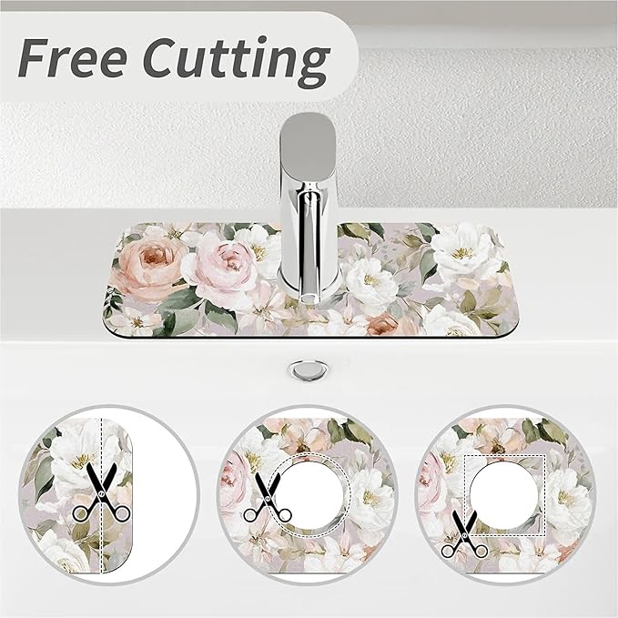 Kitchen Sink Splash Guard，blush pink white rose Faucet Mat Sink Gadgets-Super Absorbent Fast Drying Mat Drip Catcher for Kitchen, Bathroom,Sink Mat, Dish Drying Mat, Bathroom(15" X 5.5" )