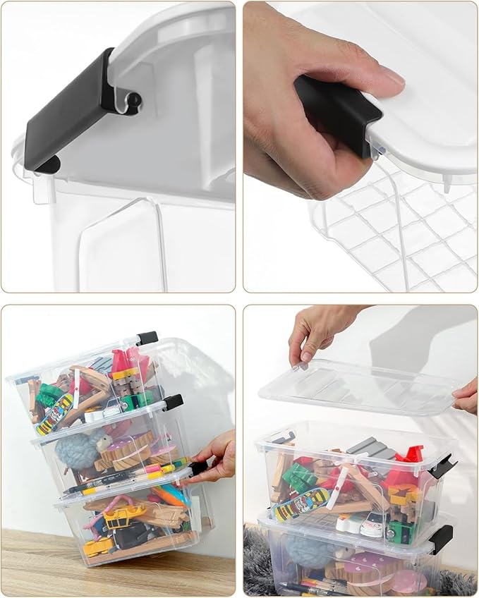 Plastic Storage Bins with Lids 6 Pack, 7 Quart Storage Containers with Black Buckle Latch, Stackable Storage Containers for Home Pantry Office Classroom Organization,