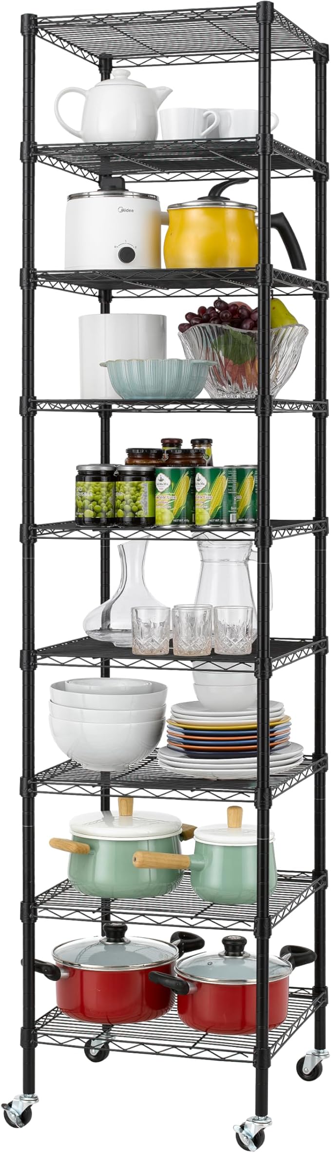 Finnhomy Heavy Duty 9 Tier Wire Shelving with Wheels 18x18x79-inches 9 Shelves Metal Storage Rack Thicken Steel Tube, Pantry Shelves for Storage, Adjustable Shelving Unit, NSF Certified, Black
