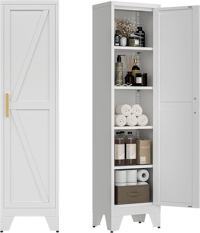 LCAOPC 67" Tall Narrow Bathroom Metal Storage Cabinet with 4 Adjustable Shelves, Freestanding 5 Tier Slim Pantry Storage Cabinet for Small Space, White