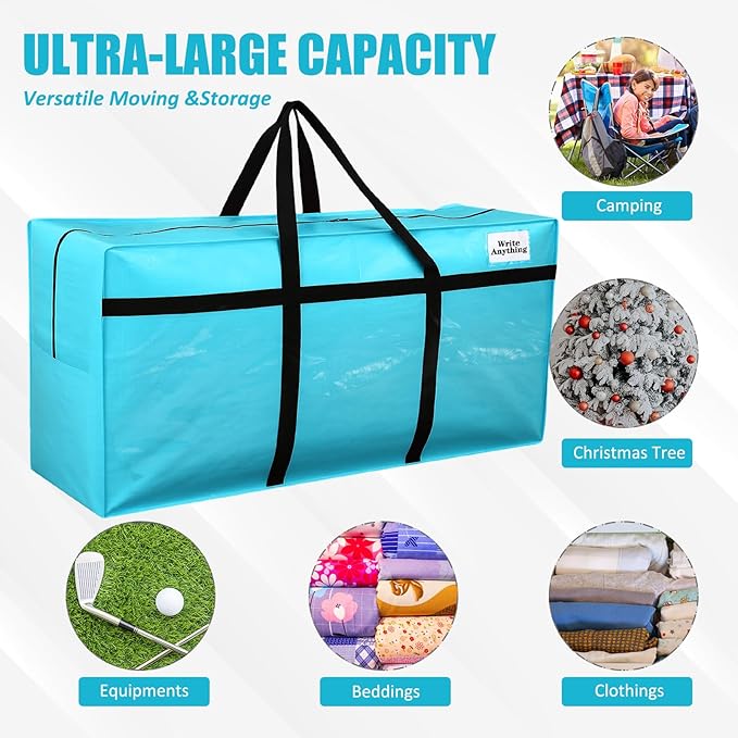 Windyun 4 Pack 69 Gallon Extra Large Moving Bags XXL Heavy Duty Storage Bag with Strong Zipper Handle Jumbo Big Tote Box Foldable for College Dorm Travel Clothes Duffle Blanket Pillow(Lake Blue)