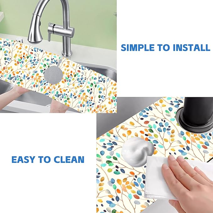 Abstract Watercolor Leaves Sink Faucet Absorbing Mat Sink Splash Guard Faucet Mat Draining Mat Fast Drying Sink Protectors for Kitchen and Bathroom 5.5"×24"