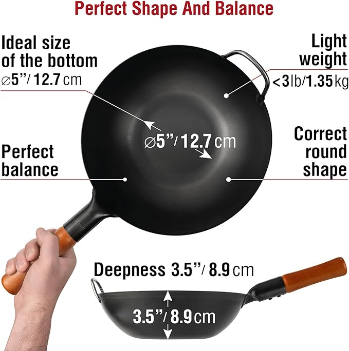 YOSUKATA Carbon Steel Wok Pan – 11,8 “ Woks and Stir Fry Pans + 17’’ Wok Spatula and Ladle - Set of 2 Heat-Resistant Wok Tools
