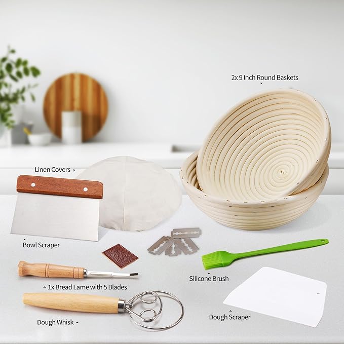 Dimpola Banneton Bread Proofing Basket Banneton Basket Set Sourdough Proofing Basket Round Proofing Bowls Handmade Rattan Baskets and Liners (Round of 2 Gift Set)