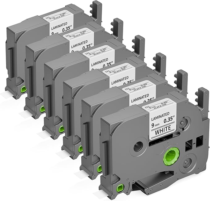 6-Pack TZe-221 Compatible with Brother P Touch TZe221 9mm 0.35" Laminated White TZ Label Tape Black on White 3/8 Inch Label Maker Refill for PT D210 D220 H110 D400