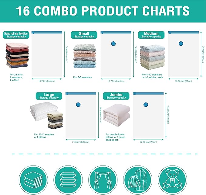 Cozy Essential 16 Pack Vacuum Storage Bags, Space Saver Bags (2J/2L/3M/3S/6Roll) Compression Storage Bags for Comforters and Blankets, Pillow, Bedding, Vacuum Sealer Bags for Clothes Storage