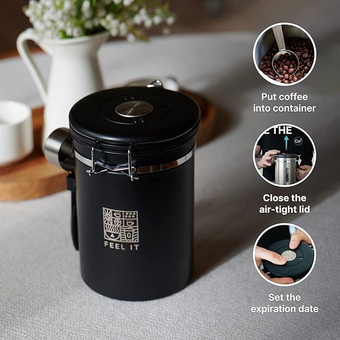 Stainless Steel Coffee Canister - 21oz Airtight Kitchen Food Storage Container with Date Tracker, CO2-Release Valve and Measuring Scoop For Ground Coffee, Beans, Tea, Sugar, Large